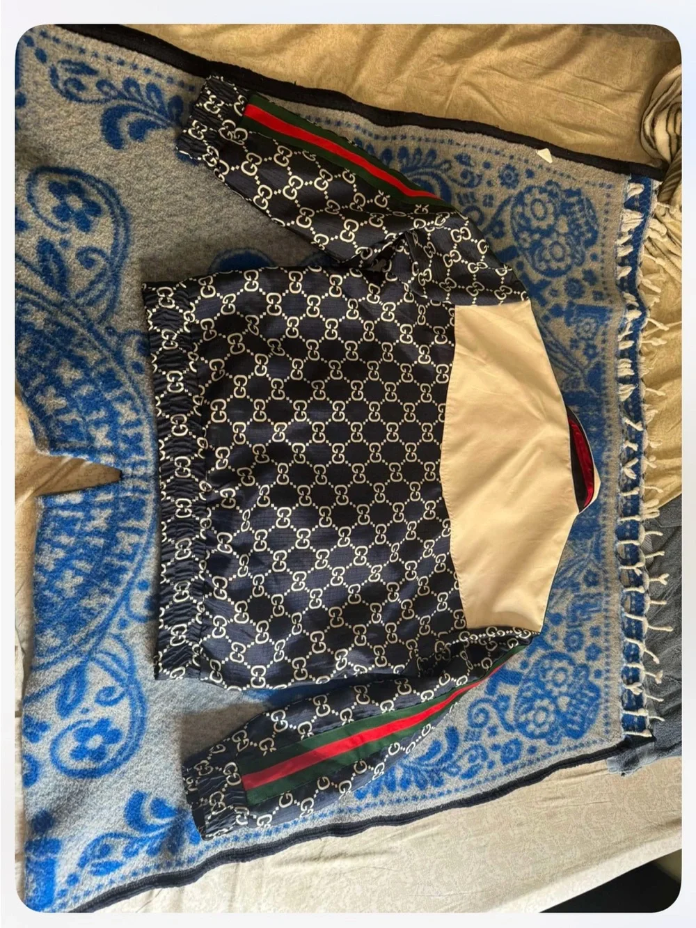Gucci Navy, White & Red Interlocking G Zip-Up Sweater